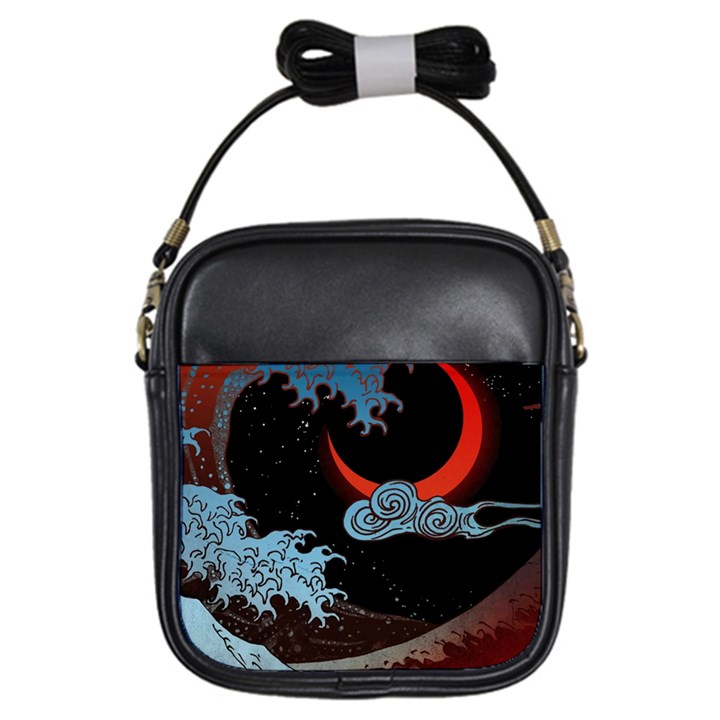 Night In The Ocean Red Waves Art Moon Dark Japanese Wave Girls Sling Bag