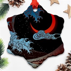 Night In The Ocean Red Waves Art Moon Dark Japanese Wave Ornament (snowflake)