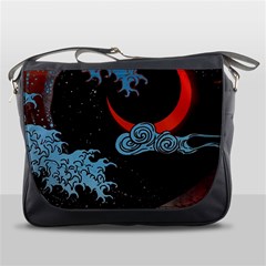 Night In The Ocean Red Waves Art Moon Dark Japanese Wave Messenger Bag by Perong