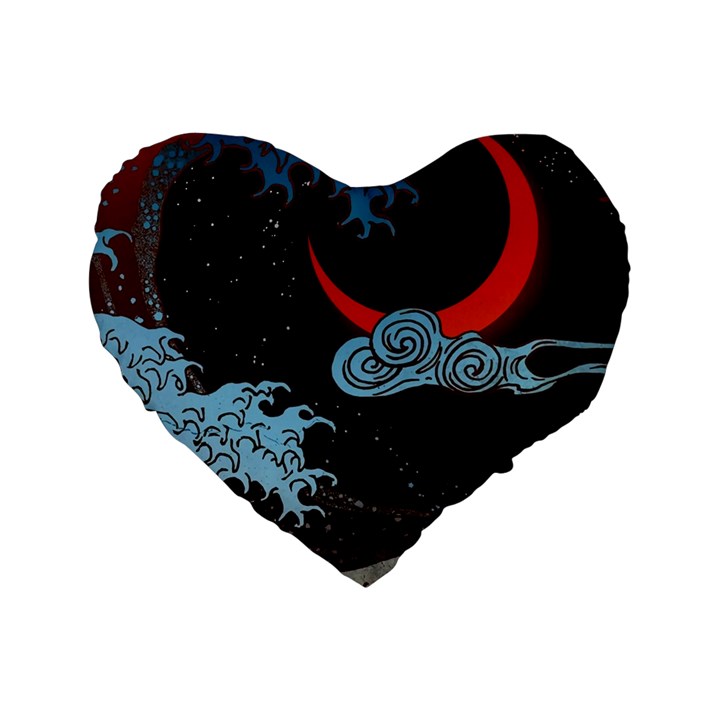 Night In The Ocean Red Waves Art Moon Dark Japanese Wave Standard 16  Premium Heart Shape Cushions