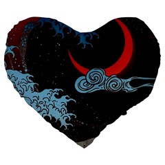 Night In The Ocean Red Waves Art Moon Dark Japanese Wave Large 19  Premium Heart Shape Cushions by Perong