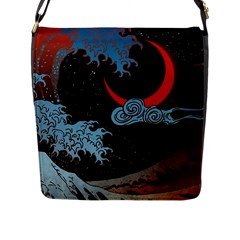 Night In The Ocean Red Waves Art Moon Dark Japanese Wave Flap Closure Messenger Bag (l) by Perong