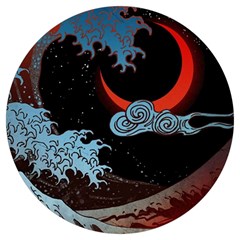 Night In The Ocean Red Waves Art Moon Dark Japanese Wave Round Trivet by Perong