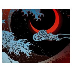 Night In The Ocean Red Waves Art Moon Dark Japanese Wave Two Sides Premium Plush Fleece Blanket (teen Size)