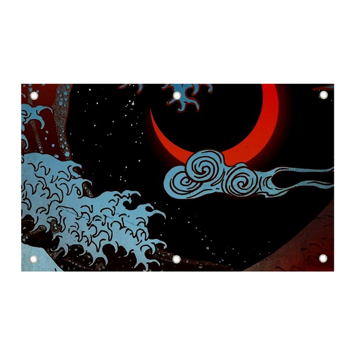 Night In The Ocean Red Waves Art Moon Dark Japanese Wave Banner and Sign 5  x 3 