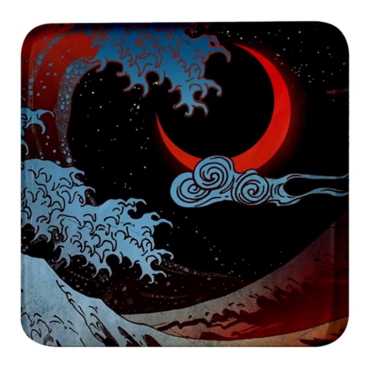 Night In The Ocean Red Waves Art Moon Dark Japanese Wave Square Glass Fridge Magnet (4 pack)