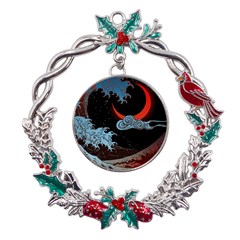 Night In The Ocean Red Waves Art Moon Dark Japanese Wave Metal X mas Wreath Holly Leaf Ornament by Perong