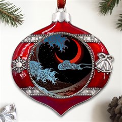 Night In The Ocean Red Waves Art Moon Dark Japanese Wave Metal Snowflake And Bell Red Ornament