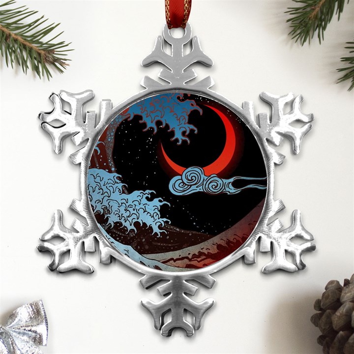 Night In The Ocean Red Waves Art Moon Dark Japanese Wave Metal Small Snowflake Ornament