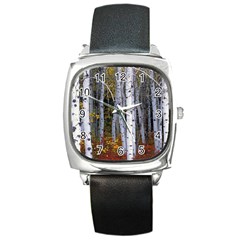 White Birch Trees Autumn Square Metal Watch by Perong