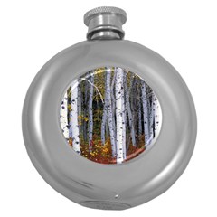 White Birch Trees Autumn Round Hip Flask (5 Oz) by Perong