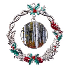 White Birch Trees Autumn Metal X mas Wreath Holly Leaf Ornament by Perong