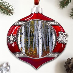 White Birch Trees Autumn Metal Snowflake And Bell Red Ornament by Perong