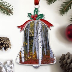 White Birch Trees Autumn Metal Holly Leaf Bell Ornament by Perong