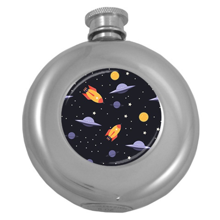 Cosmos Rocket Spaceship Ufo Round Hip Flask (5 oz)