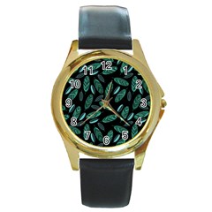 Leaves Pattern Abstract Blade Round Gold Metal Watch