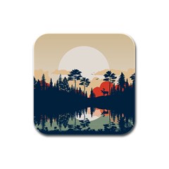 Summer Lake Forest Sunset Deer Water Rubber Square Coaster (4 Pack) by Grandong