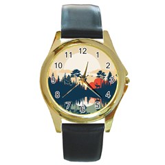 Summer Lake Forest Sunset Deer Water Round Gold Metal Watch by Grandong