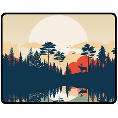 Summer Lake Forest Sunset Deer Water Fleece Blanket (medium) by Grandong