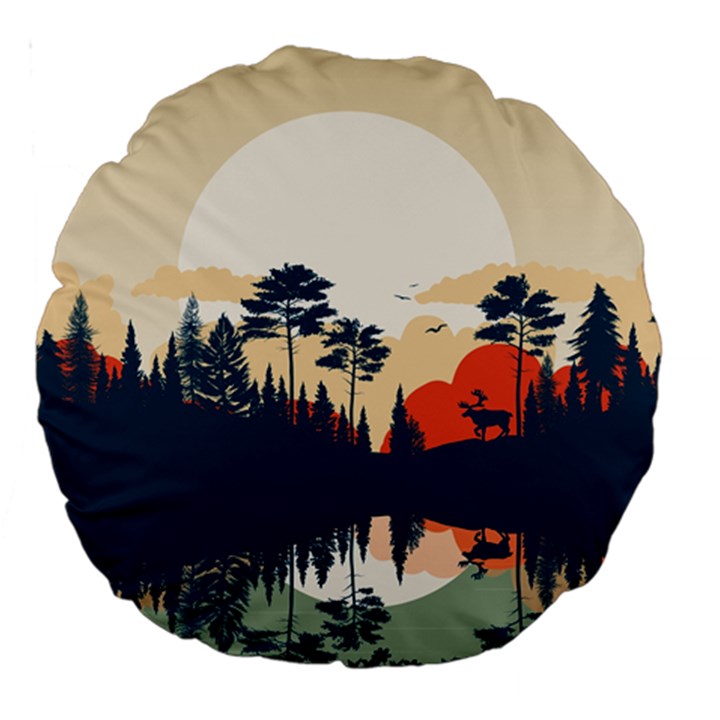 Summer Lake Forest Sunset Deer Water Large 18  Premium Round Cushions