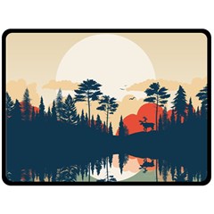 Summer Lake Forest Sunset Deer Water Two Sides Fleece Blanket (large) by Grandong