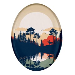 Summer Lake Forest Sunset Deer Water Oval Glass Fridge Magnet (4 Pack) by Grandong