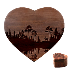 Summer Lake Forest Sunset Deer Water Heart Wood Jewelry Box by Grandong