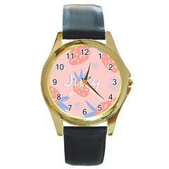 July Summer Strawberry Pink Berry Round Gold Metal Watch by Grandong