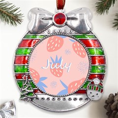 July Summer Strawberry Pink Berry Metal X mas Ribbon With Red Crystal Round Ornament by Grandong