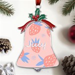 July Summer Strawberry Pink Berry Metal Holly Leaf Bell Ornament Front