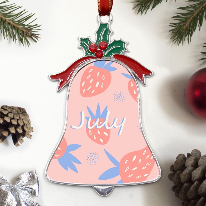 July Summer Strawberry Pink Berry Metal Holly Leaf Bell Ornament