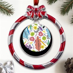 Summer Flowers Spring Background Metal Red Ribbon Round Ornament by Grandong