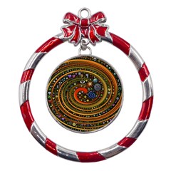 Swirl Vortex Emoji Cyclone Motion Art Metal Red Ribbon Round Ornament