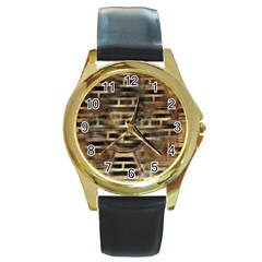 Textures Brown Wood Round Gold Metal Watch by anzea