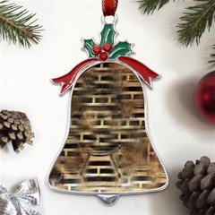 Textures Brown Wood Metal Holly Leaf Bell Ornament by anzea