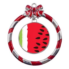 Watermelon Black Green Melon Red Metal Red Ribbon Round Ornament by Cemarart