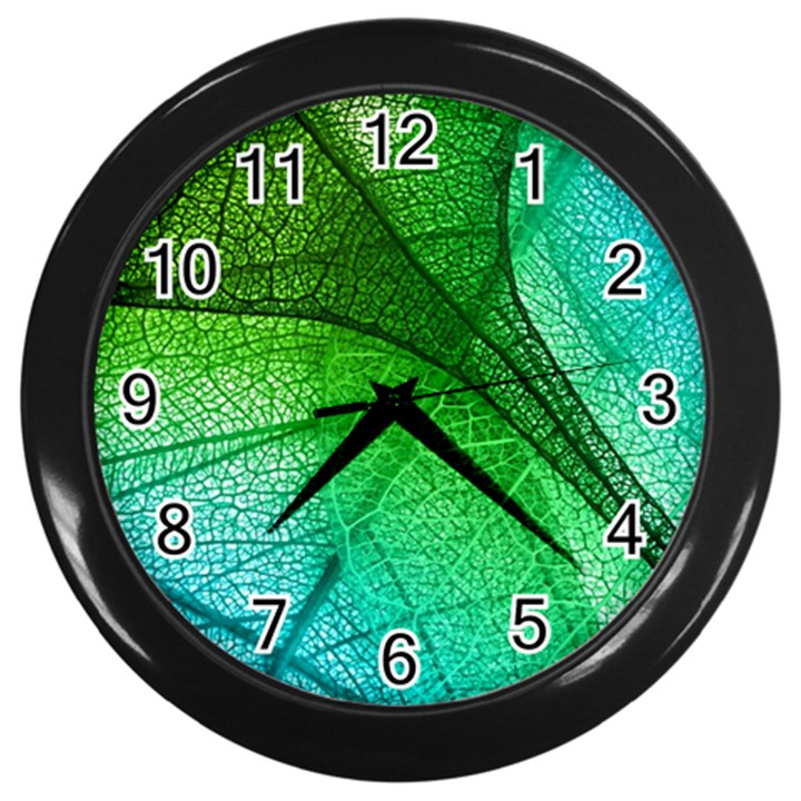 3d Leaves Texture Sheet Blue Green Wall Clock (Black)