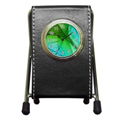 3d Leaves Texture Sheet Blue Green Pen Holder Desk Clock by Cemarart