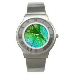 3d Leaves Texture Sheet Blue Green Stainless Steel Watch by Cemarart