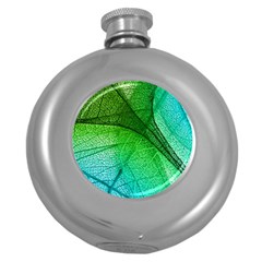 3d Leaves Texture Sheet Blue Green Round Hip Flask (5 Oz) by Cemarart