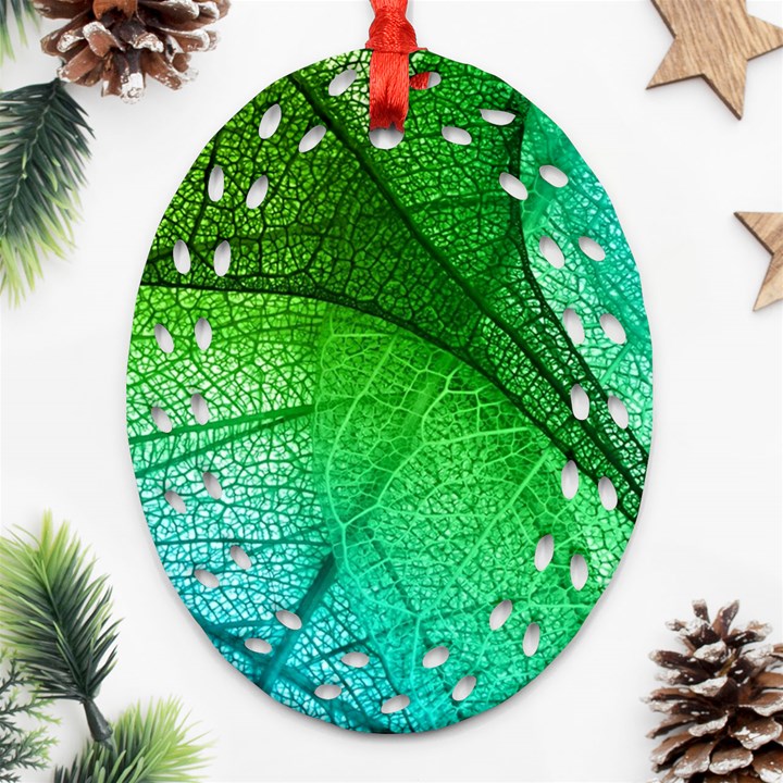 3d Leaves Texture Sheet Blue Green Ornament (Oval Filigree)