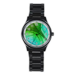 3d Leaves Texture Sheet Blue Green Stainless Steel Round Watch by Cemarart