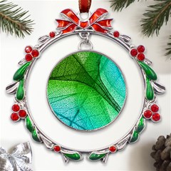 3d Leaves Texture Sheet Blue Green Metal X mas Wreath Ribbon Ornament