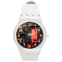 Tech Technology Pattern Round Plastic Sport Watch (m)