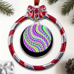 Neon Trippy Swirls Twirls Design Metal Red Ribbon Round Ornament by Salmanaz77