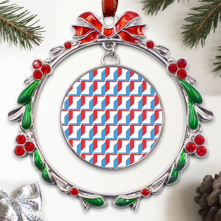 Fabric Geometric Pattern Background Metal X mas Wreath Ribbon Ornament