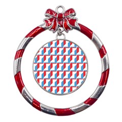 Fabric Geometric Pattern Background Metal Red Ribbon Round Ornament