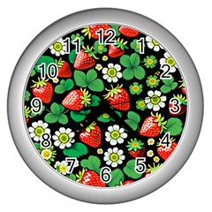 Strawberries Pattern Wall Clock (silver) by Salmanaz77