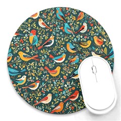 Birds Pattern Flowers Whimsical Round Mousepad