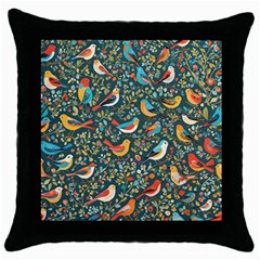 Birds Pattern Flowers Whimsical Throw Pillow Case (black) by Salmanaz77